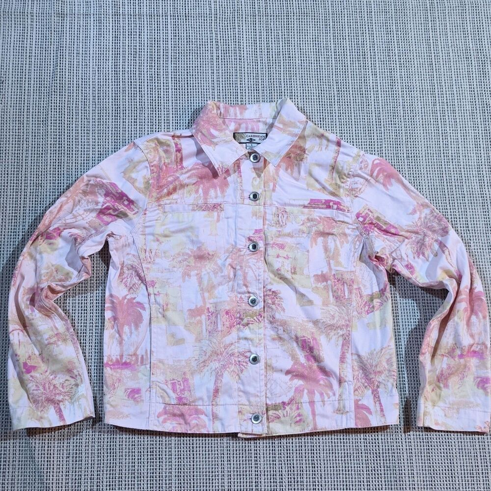 Caribbean Joe Women's Lightweight Pink Denim Stretchy Jacket Sz S Palm Pattern